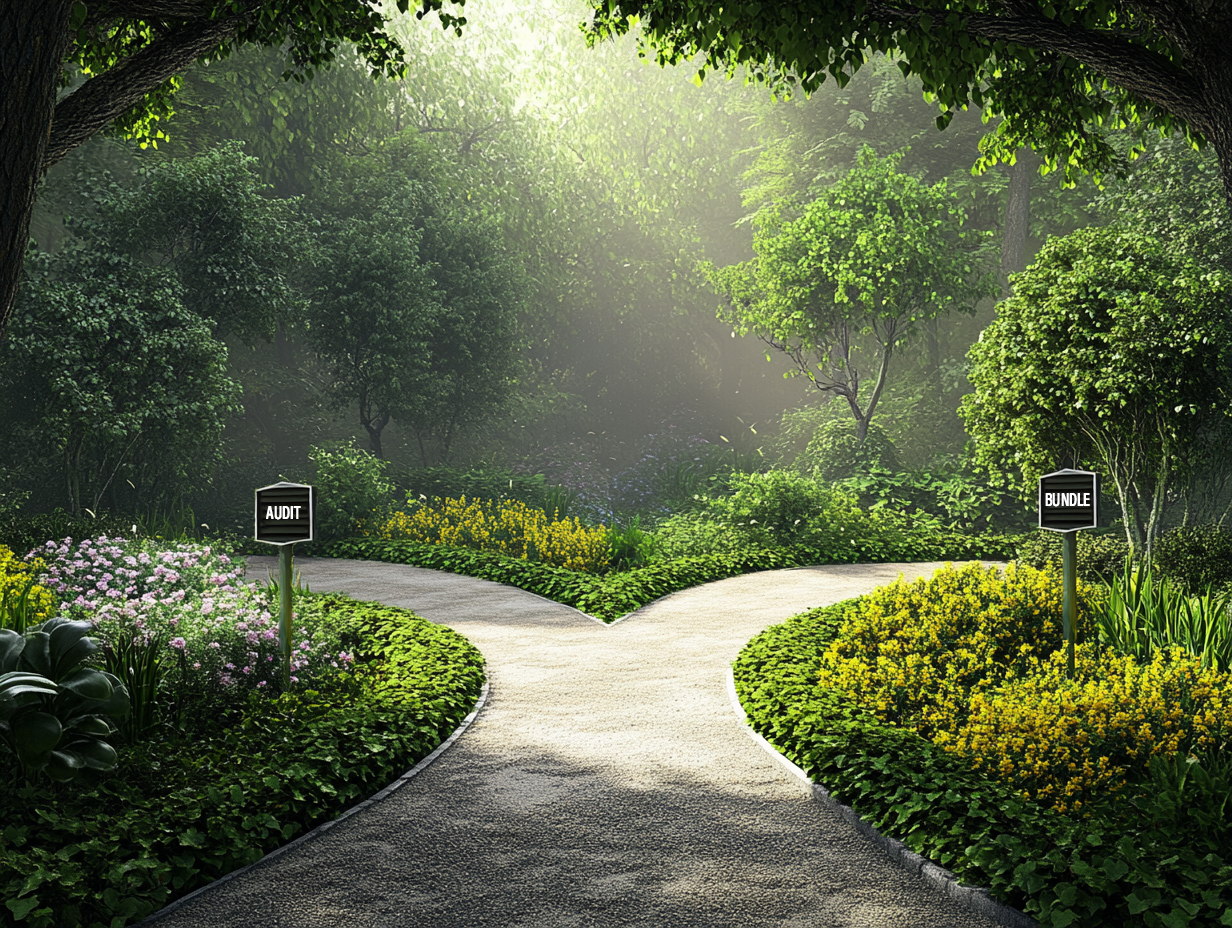 A scenic forested area with a golden road diverging into two paths labeled 'Audit' and 'Bundle,' symbolizing the choice between tailored digital marketing solutions for business success.