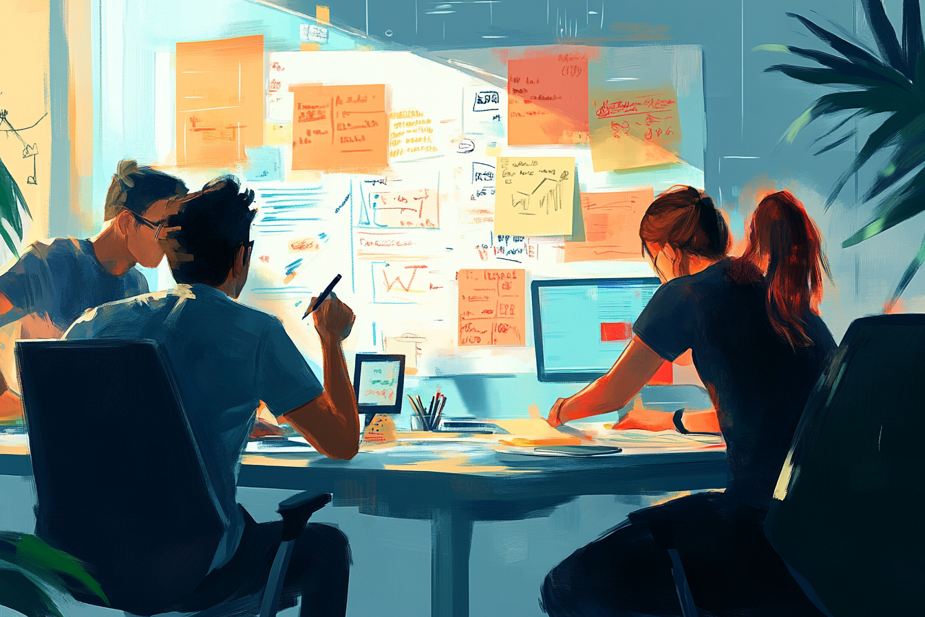 A 2D art style image depicting a collaborative team working together, surrounded by a wall filled with notes and graphs, symbolizing comprehensive digital marketing strategies for success.