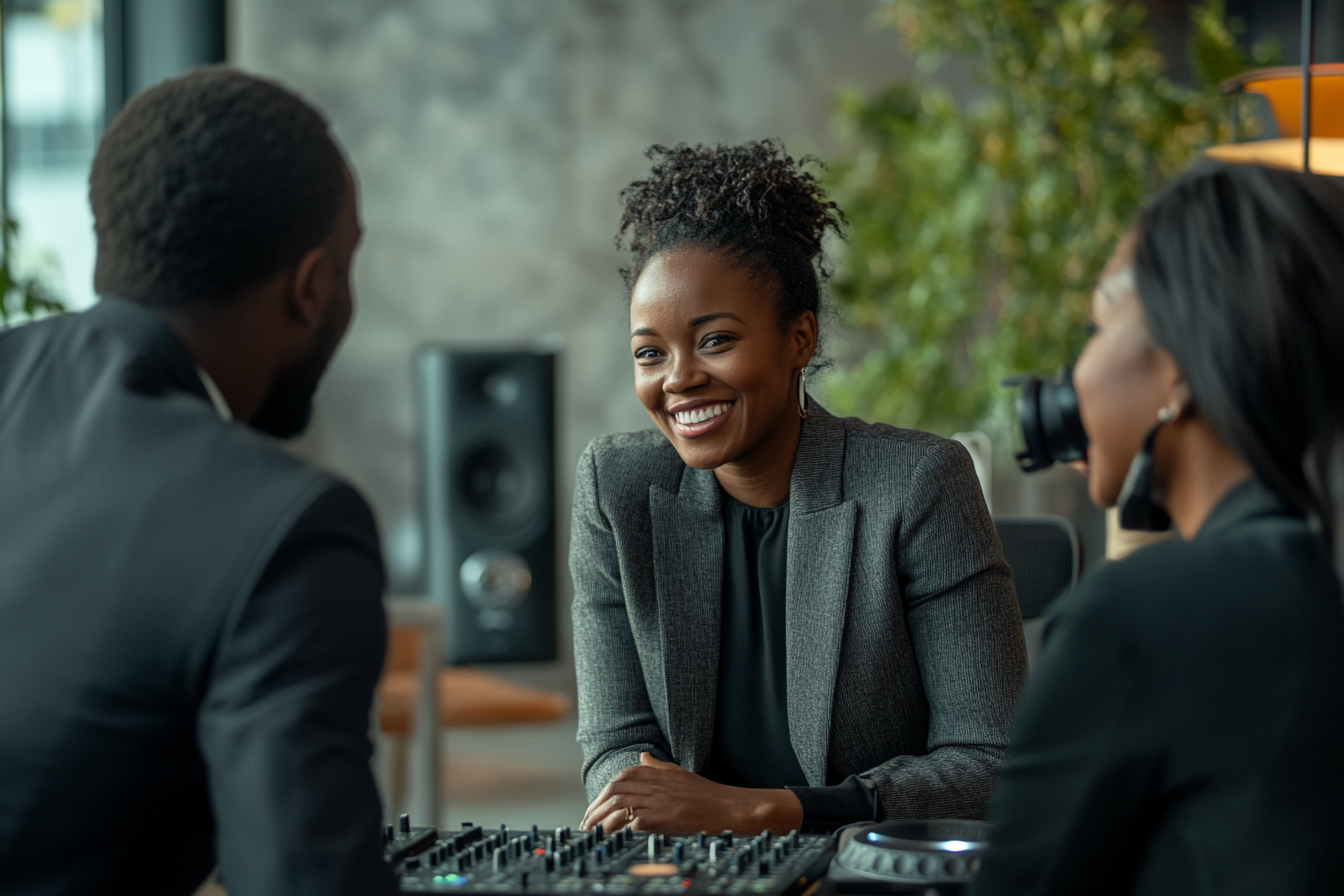 A woman consultant engaging in conversation with event vendor clients, symbolizing personalized communication and partnership in tailored digital marketing strategies