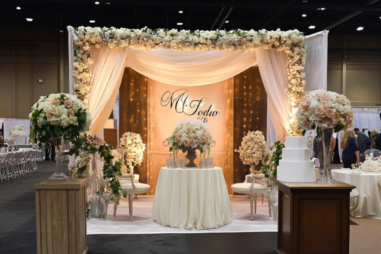 A beautifully arranged floral and decor vendor setup at a wedding expo, highlighting traditional marketing methods compared to digital marketing strategies.